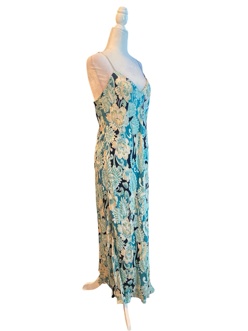 August silk vintage 90’s Floral Slip Maxi Dress in Teal and Cream - Picture 2 of 11